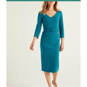 Boden Margie Ottoman VNeck Midi Dress Vibrant Teal Belted 3/4 Sleeve Size 8